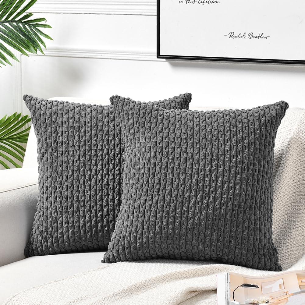 Fancy Homi 2 Packs Dark Gray Decorative Throw Pillow Covers 18x18 Inch for Couch Bed Sofa, Modern Farmhouse Boho Home Decor, Soft Cute Plush Grey Corduroy Striped Cushion Case 45x45 CM