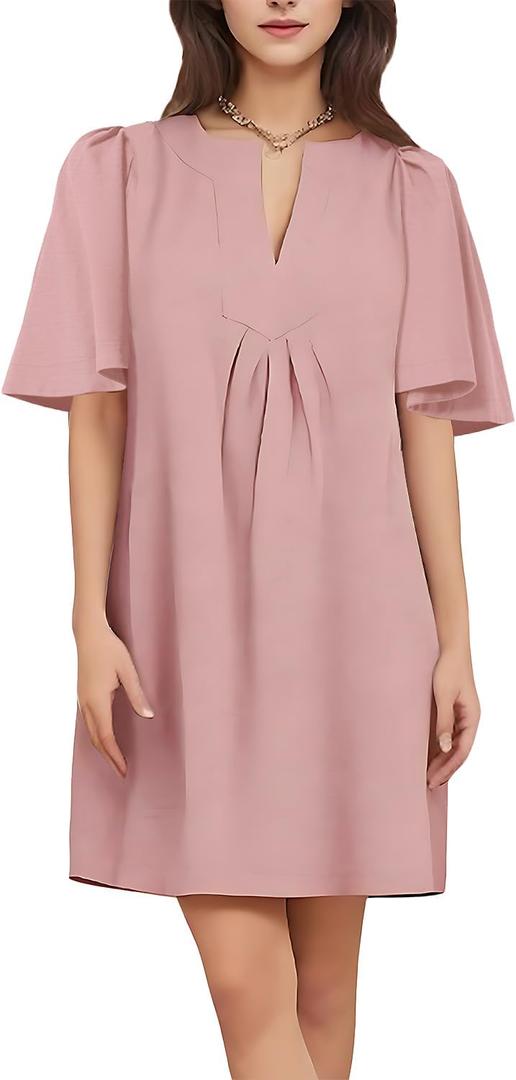 ROYLAMP Women's Elegant Pleated Dress V-Neck Oversized Flutter Sleeves Summer Shift Casual Mini Dresses with Pockets (Pink, M) ROYLAMP Women's Elegant Pleated Dress V-Neck Oversized Flutter Sleeves Summer Shift Casual Mini Dresses with Pockets (Pink, M)