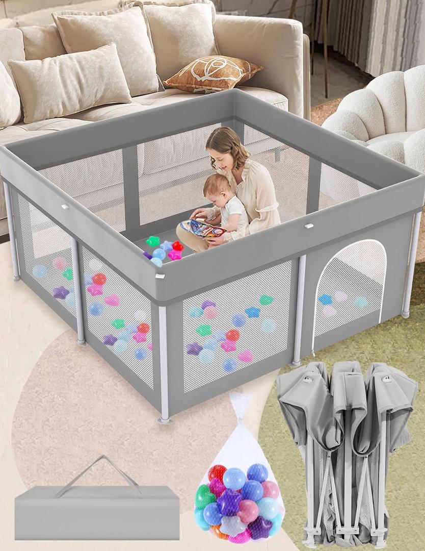 Foldable Playpen 50x50, Foldable Ultra-Portable Baby Playpen, Instantly Deployed in Three Seconds, Safe Baby Playard with Soft Breathable Mesh, Perfect Activity Center for Baby's Play, Grey