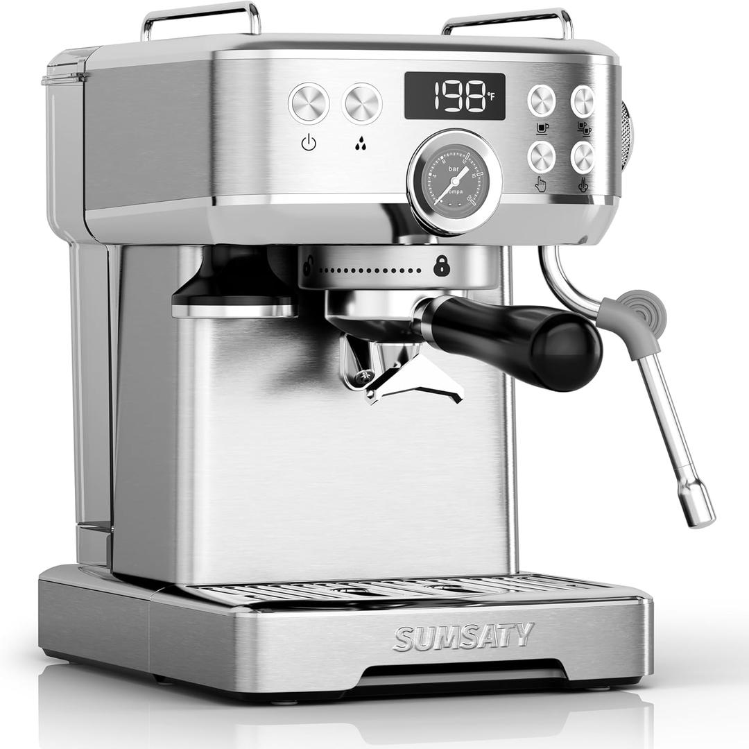 Espresso Machine, Stainless Steel Espresso Machine with Milk Frother for Latte, Cappuccino, Machiato,for Home Espresso Maker, 1.8L Water Tank, 20 Bar (Stainless Steel-With Hot Water Button)