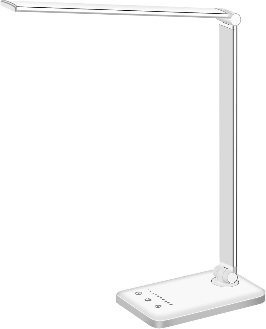 White crown LED Desk Lamp Dimmable Table Lamp Reading Lamp with USB Charging Port, 5 Lighting Modes, Sensitive Control, 30/60 Minutes Timer (White, First-Generation) (Silver)