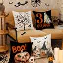 Halloween Ghost Boo Pillow Covers Trick or Treat 18 x 18 Inch Throw Pillows, Spooky Pumpkin Tree Decorative Farmhouse Seasonal Cushion Case for Sofa Couch Set of 4