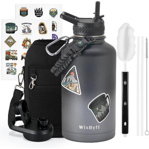 64 oz Insulated Water Bottle with Straw (Cold for 48 Hrs), Half Gallon Stainless Steel Triple Wall Vacuum Sports Water Jug, Leakproof Hydro Cup Flask with Straw Spout Lids & DIY Stickers (Black/Grey Gradient)