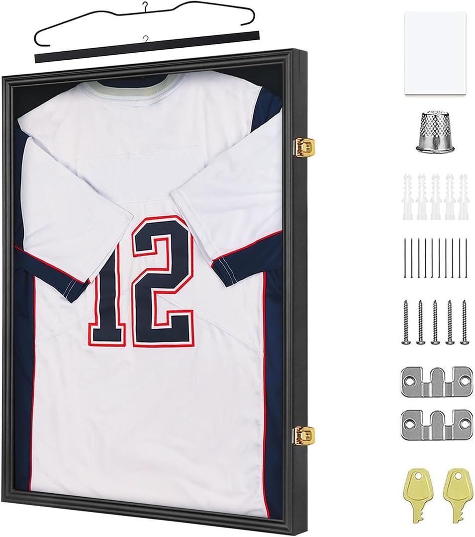 2XL Jersey Display Frame - Jersey Frame Display Case - Jersey Shadow Box for Baseball Basketball Football Soccer Hockey Sports Shirts, Uniform, UV Protection Acrylic Glass, 2 Hangers (Black)
