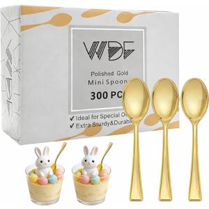 WDF 300PCS Plastic Gold Mini Spoons - 4 Inches Gold Plastic Desserts Spoons, Heavy Duty Disposable Spoons Perfect for Coffee, Cake, Appetizers,Ice Cream,Wedding, Birthday, Party, Easter