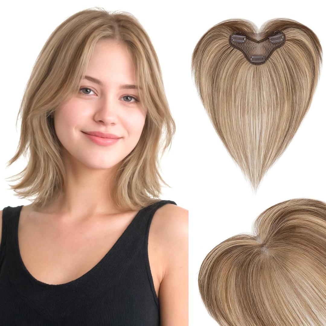 Hairro Human Hair Toppers For Women Wispy Thin Short Wiglet Hairpieces Natural No Bang Middle Part Side Bangs Hair Clip 14.5g #4P27 Medium Brown Mix Dark Blonde