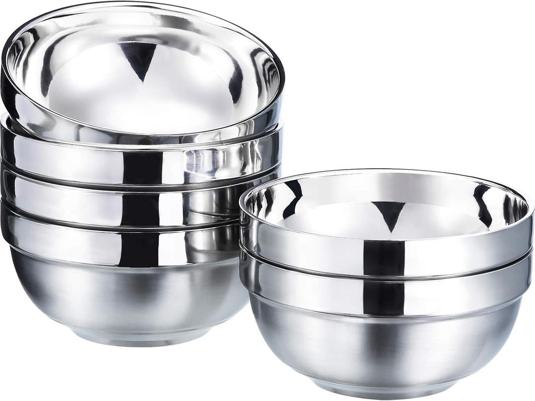 SATINIOR 6 Pack Stainless Steel Bowls for Kids and Adults Stainless Steel Cereal Bowls Double-walled Insulated Bowl Metal Snack Bowl (15 oz)