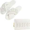 Kovewon Bridal Shower Gifts, Bride to Be Letter Makeup Bag with Pearl Rhinestone Fuzzy Bride Slippers Wedding Engagement Gifts for Her, Bachelorette gifts, 7-8 Slippers