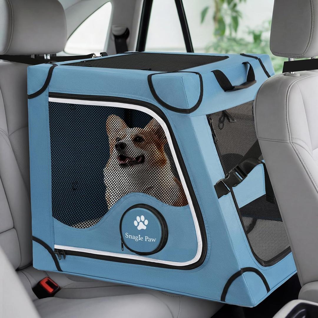 Snagle Paw Portable Dog Crate for Car Travel, Metal Frame Pet Crate, Pet Carrier for Car Back Seat Secures with Headrest Strap and Seatbelt, M (Blue)