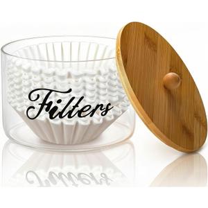 Cididu Coffee Filter Holder with Bamboo Lid, Glass Large Coffee Pod Holder for Counter, Clear Coffee Filter Dispenser Basket, K Cup Countertop Storage Container for Kitchen Cafe Bar Accessories