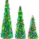 MACTING 3PCS Christmas Pop up Tree with Lights Timer 3FT&4FT&5FT Green Collapsible Tinsel Pencil Tree Easy-Assembly Coastal Glitter Artificial Tree for Porch Apartment Corner Home Party Xmas Decor