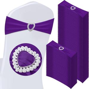 VitalCozy 100 Pcs Spandex Chair Sashes with Heart Shaped Buckle Slider Stretch Chair Cover Band Universal Elastic Ties for Wedding Banquet Event Party Decoration(Purple)