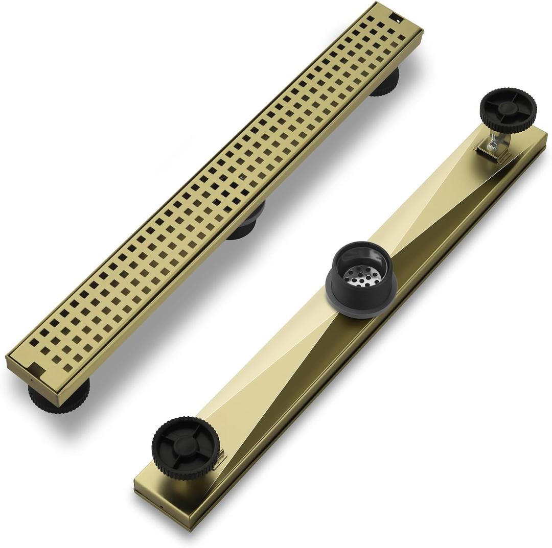 24 Inch Linear Shower Drain - Brushed Gold 304 Stainless Steel Rectangular Floor Drain with Adjustable Leveling Feet, Hair Strainer and Removable Grate