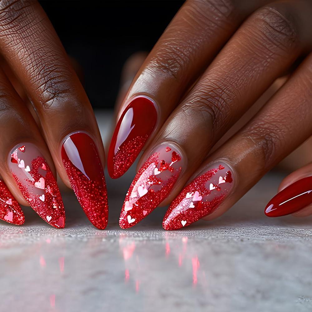 Red Press on Nails Almond Medium Fake Nails Red Glitter Heart Acrylic Nails Gradient False Nails Valentine's Day Artificial Nails Glue on Nail for Women Manicure Nail Decoration 24Pcs