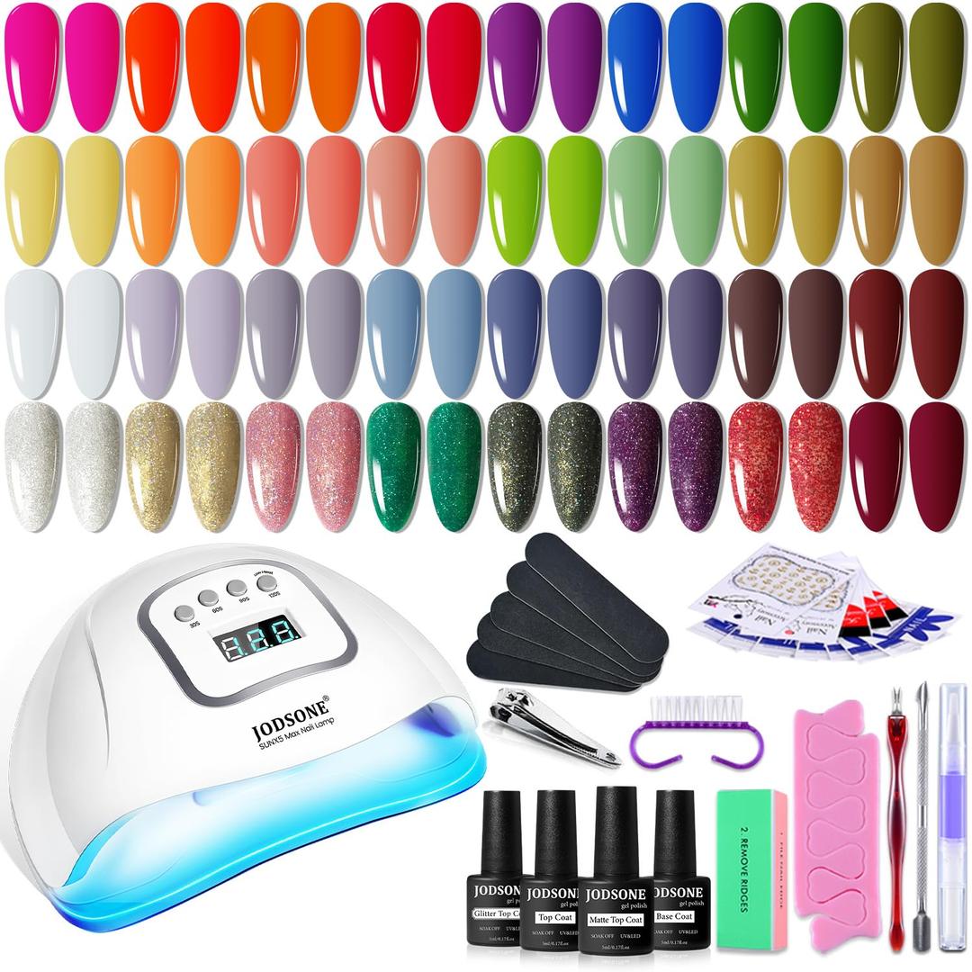 JODSONE Gel Nail Polish Kit with U V Light 32 Colors with Base Coat Matte Glitter Top Coat Gel Nail Set Manicure Salon Tools (rainbow candy a01)