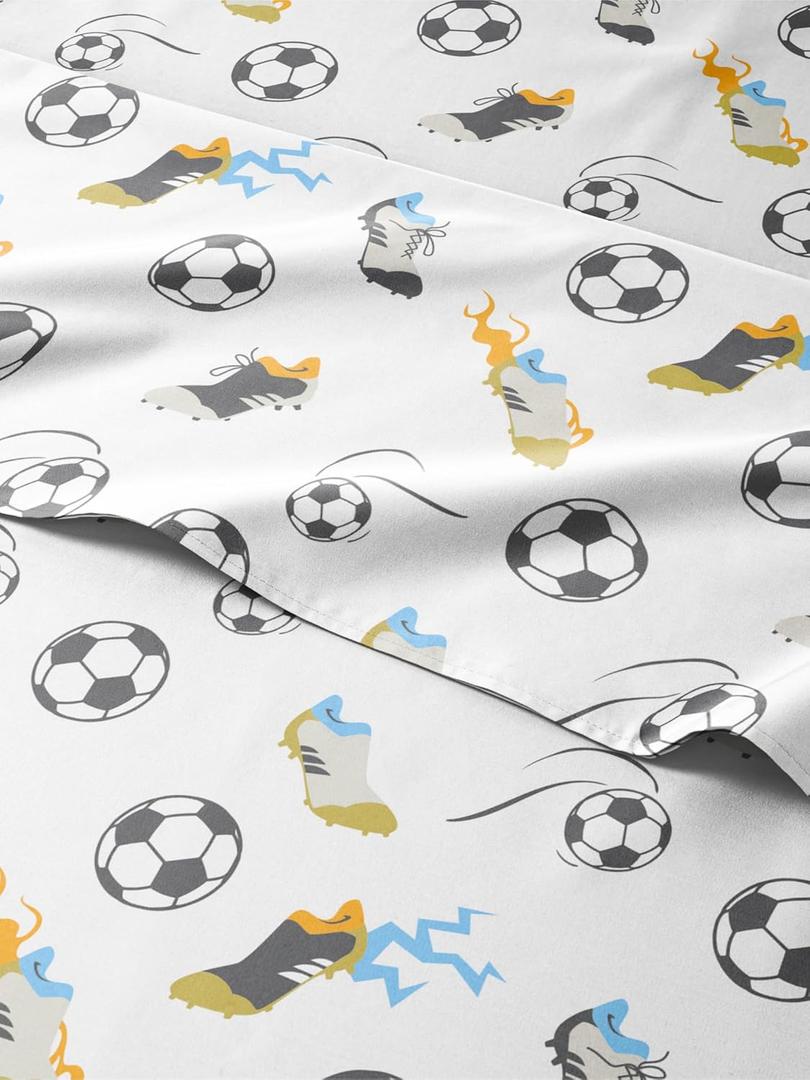 Kids Queen Size Soccer Bed Sheets - 4 Piece Soccer Sheet Set - Sport Theme bedding - Ultra-Soft, Cute & Cozy - Comfy, Breathable & Machine Washable - Football Bed Set for Boys, Girls, Teens & Toddlers