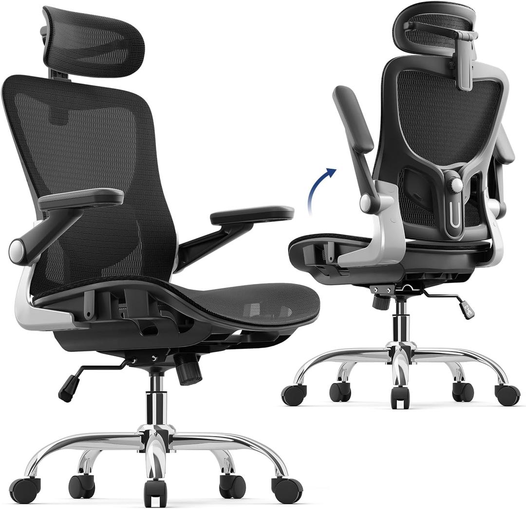marrap Ergonomic Office Chair, Mesh Seat Cushion with 3D Armrests and 3D Headrest, Adjustable Lumbar Support with 90-120 Rocking Function for Home Office, Black