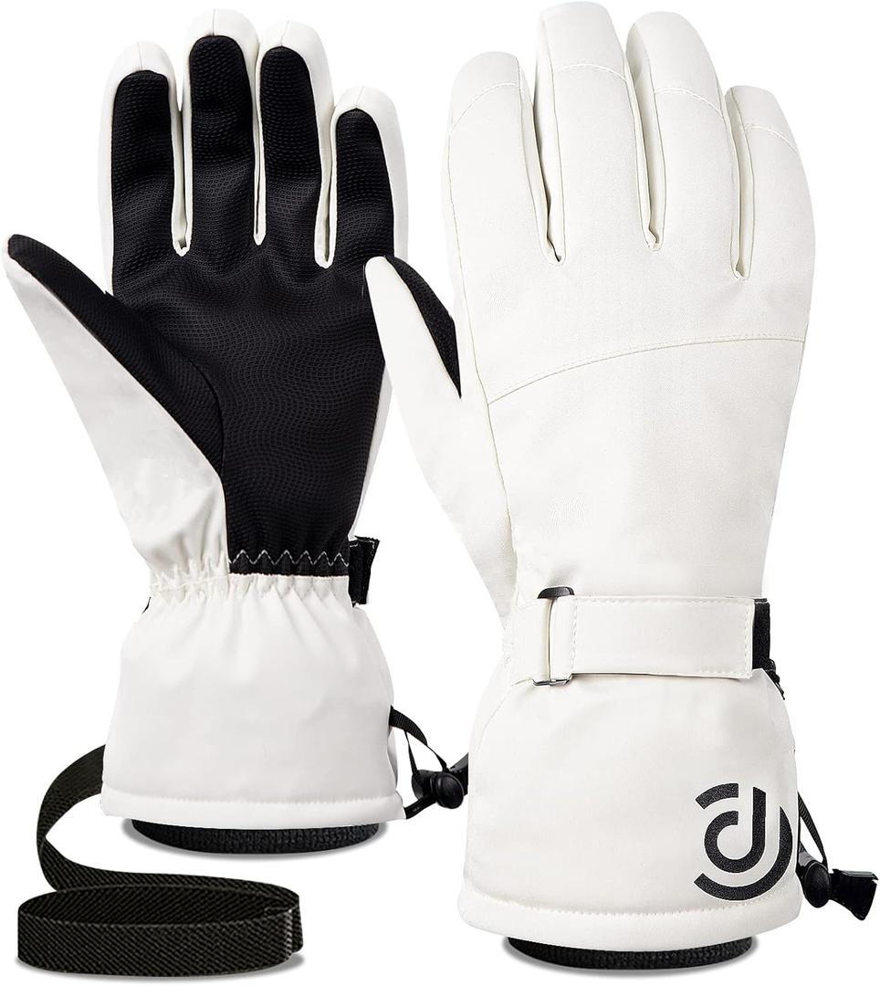 Winter Gloves Men Women Warm Waterproof Ski 5 Layer Touch Screen Snow Gloves for Cold Weather (Large, White)