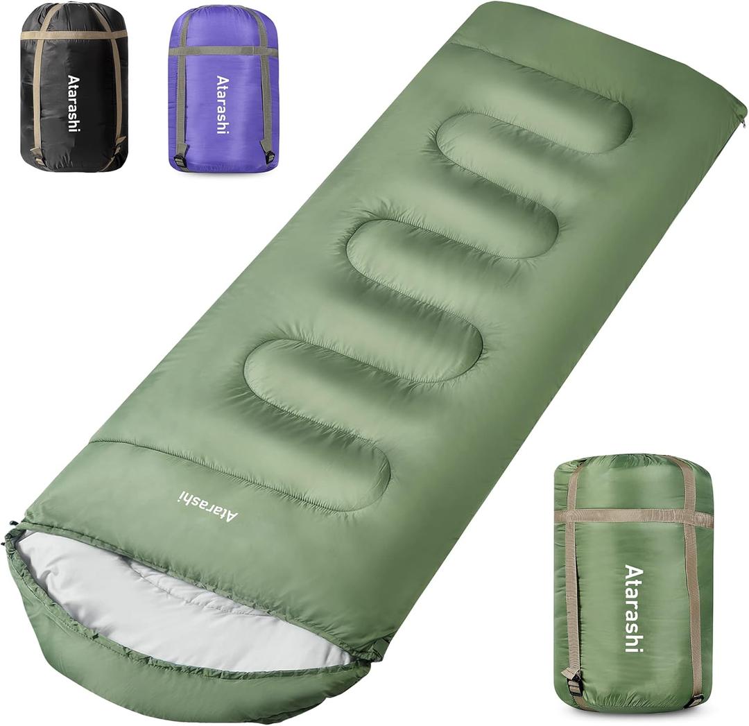 Atarashi Camping Sleeping Bag- 4 Seasons for Adults, Light, Warm, Extra-Large with Compression Sack- Great for Hiking, Backpacking & Outdoor Adventures (A7 Army green/Wide(40''x87''))