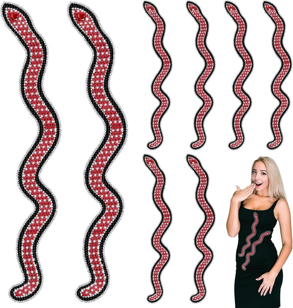 Riceshoot 10 Pcs 18'' Large Red Snake Sequin Applique Glue on Snake Shaped Ribbon Rhinestones Trim Red Sequin Applique Clothing Patches Glitter Patch for Bags Clothes DIY Clothing Accessories