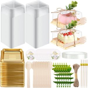 Honeydak Clear Cake Containers with Lids Wedding Cake Pans Cupcake Container Muffins Box Cocktail Picks Appetizer Thanks Tags Eucalyptus Leaves for Wedding Birthday Dessert Display(50 Sets)
