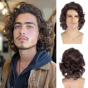 Mens Short Curly Brown Wig Handsome Synthetic Full Wigs Natural Halloween Cosplay Costume Hair Wig