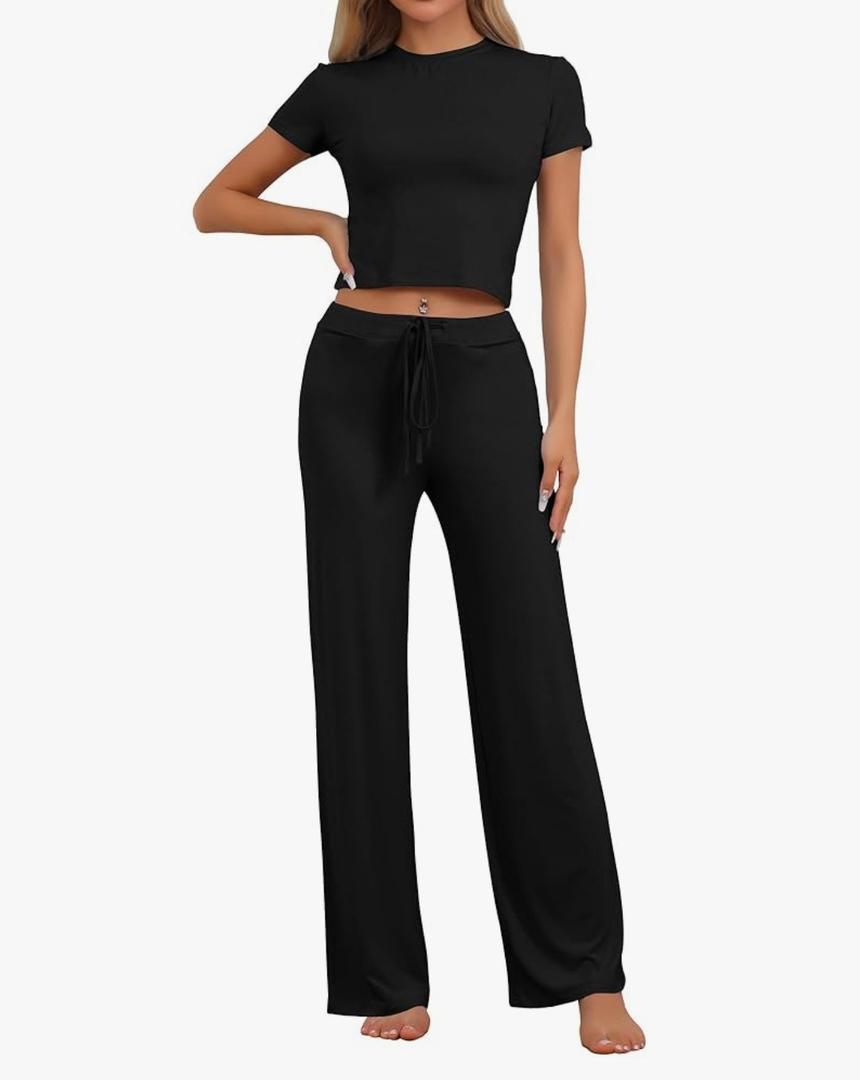 cheibear Womens 2 Piece Outfits Lounge Sets Crop Short Sleeve T-Shirt High Waisted Wide Leg Pants Tracksuit Sets, M