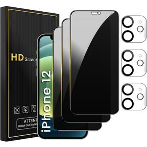 3 Pack Privacy Screen Protector for iPhone 12 6.1 Inch with 3 Pack Camera Lens Protector, Anti Spy Tempered Glass Film, Anti-Scratch, Touch Sensitive, Case Friendly