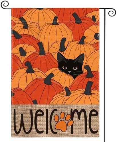 AVOIN colorlife Fall Garden Flag 12x18 Inch Double Sided Outside, Black Cat Autumn Welcome Pumpkins Seasonal Yard Outdoor Flag