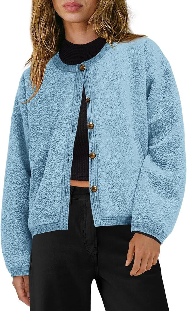 Yanekop Womens Sherpa Jacket Button Down Fleece Winter Coat Fuzzy Jackets Chunky Cardigan Sweaters Open Knit Sweater (Blue, S)