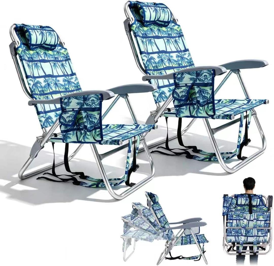 Portable Beach Chair for Adults Lightweight Outdoor Camping Chair Lay Flat Folding Backpack Beach Reclining Chair with 8 Positions Headrest Cup Holder Towel Bar Pouch, Coconut Tree_Blue & Cyan(2 Pack)