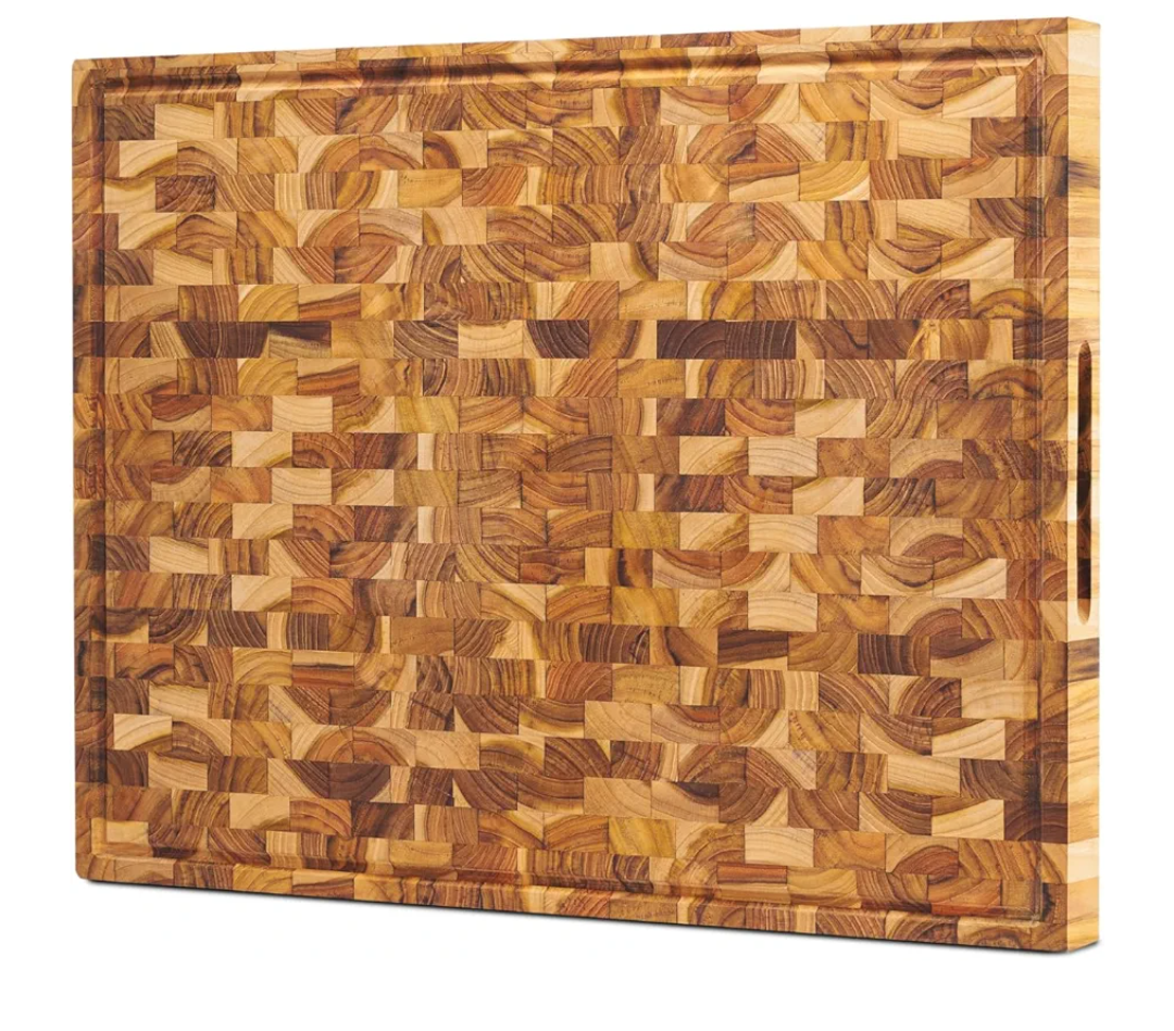 Teak Wood Cutting Board – Large End Grain Butcher Block with Juice Groove & Handle, Reversible Heavy-Duty Wooden Board for Kitchen, Meat, Vegetables & Cheese 20x14x1.5 inches
