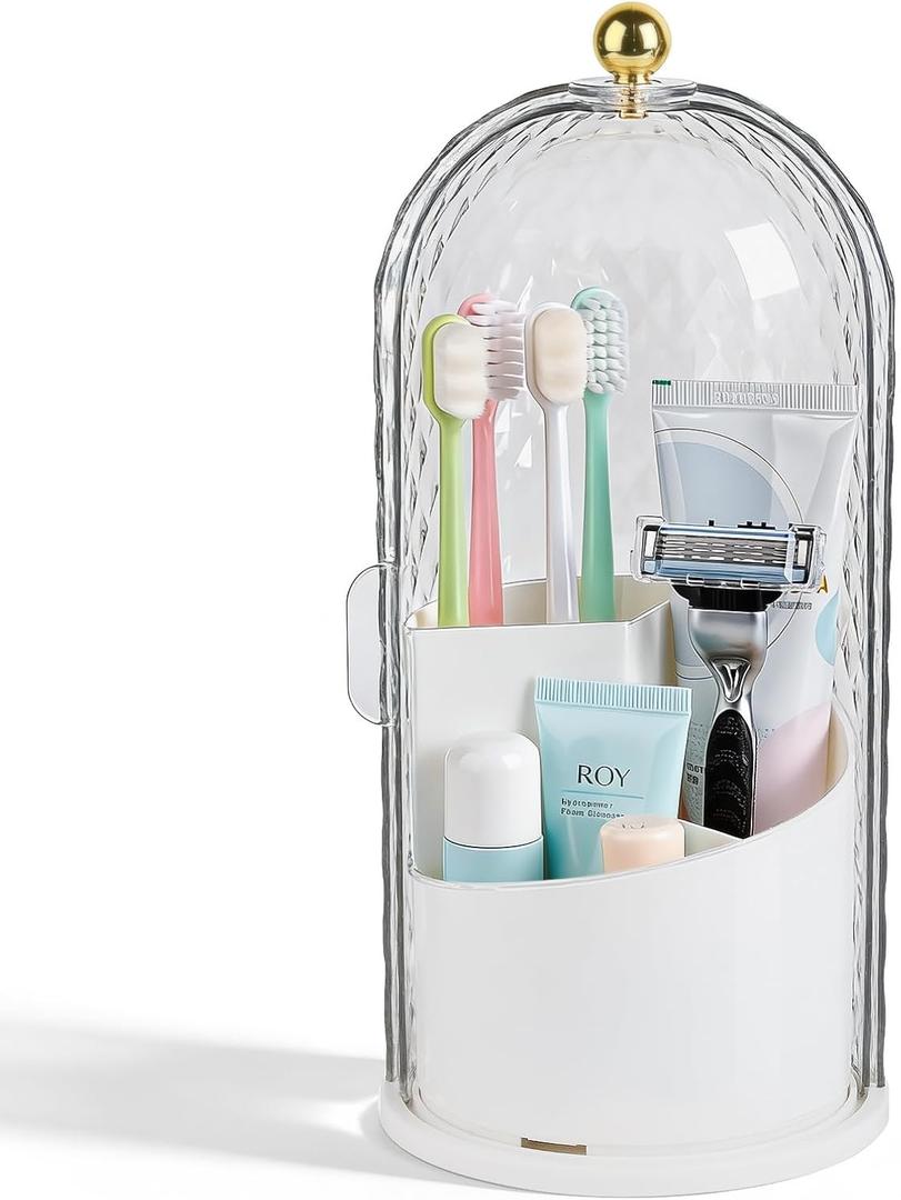 Toothbrush Holder with Cover for Bathroom Countertop, Rotating Organizer for Electric Tooth Brush and Toothpaste, 3-Slot Makeup Brush Storage, Self-Draining Vanity Counter Organizer White