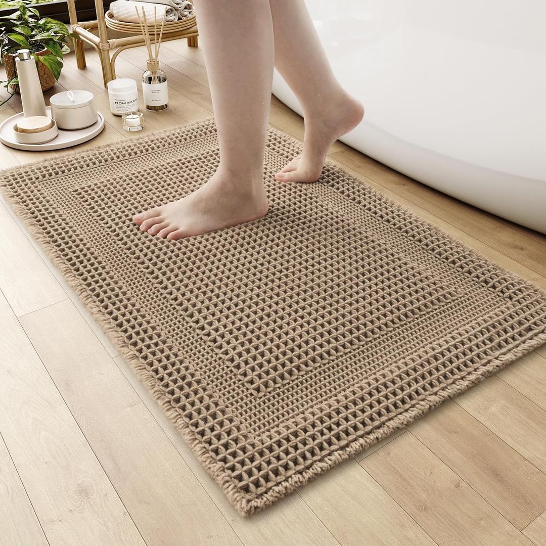 AMOAMI Waffle Bath-Mat, Absorbent Bath Mats for Bathroom Non Slip, Machine Washable Bathroom Rugs with Tassels Ultra Soft Boho Bath Rugs for Floor 18"x30" Beige