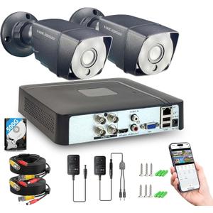 4CH 1080P Wired Security Camera System, CCTV DVR w/500GB HDD, 2 x Home Surveillance IP66 Waterproof Metal Security Cameras with Motion Detection, Remote Access, 24-7 Recording