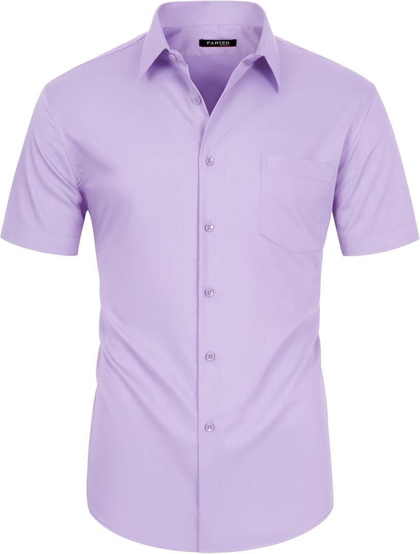 FAHIZO Men's Short Sleeve Dress Shirt Regular Fit Soild Casual Business Stretch Button Down Shirts with Pocket (3X-Large, Lavender)