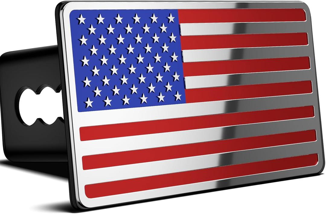 2 Inch Trailer Hitch Cover with American Flag, Heavy Metal Trailer Hitch Cover Fit for 2 Inch Hitch Receivers,3 * 5" Blue/Red/Chrome