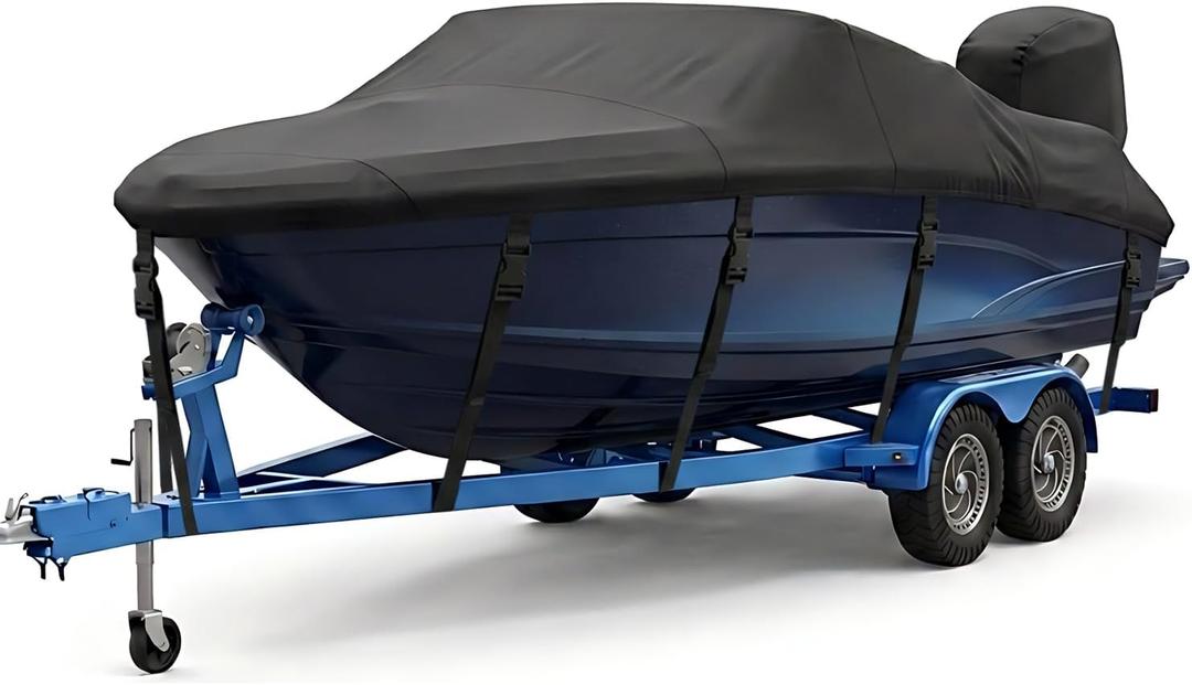 1200D Waterproof Boat Cover,Bass Boat Cover 20-22 ft,Black | Heavy Duty Bass Boat Cover with Motor Cover, Trailerable Marine Canvas for V-Hull, Tri-Hull, Fish & Ski, Runabout Boats