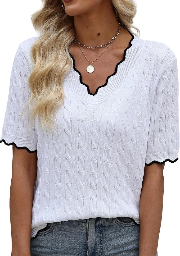 Short Sleeve Sweater for Women V Neck Lightweight Sweaters Tops Fashion Clothing Business Casual Outfits (L)