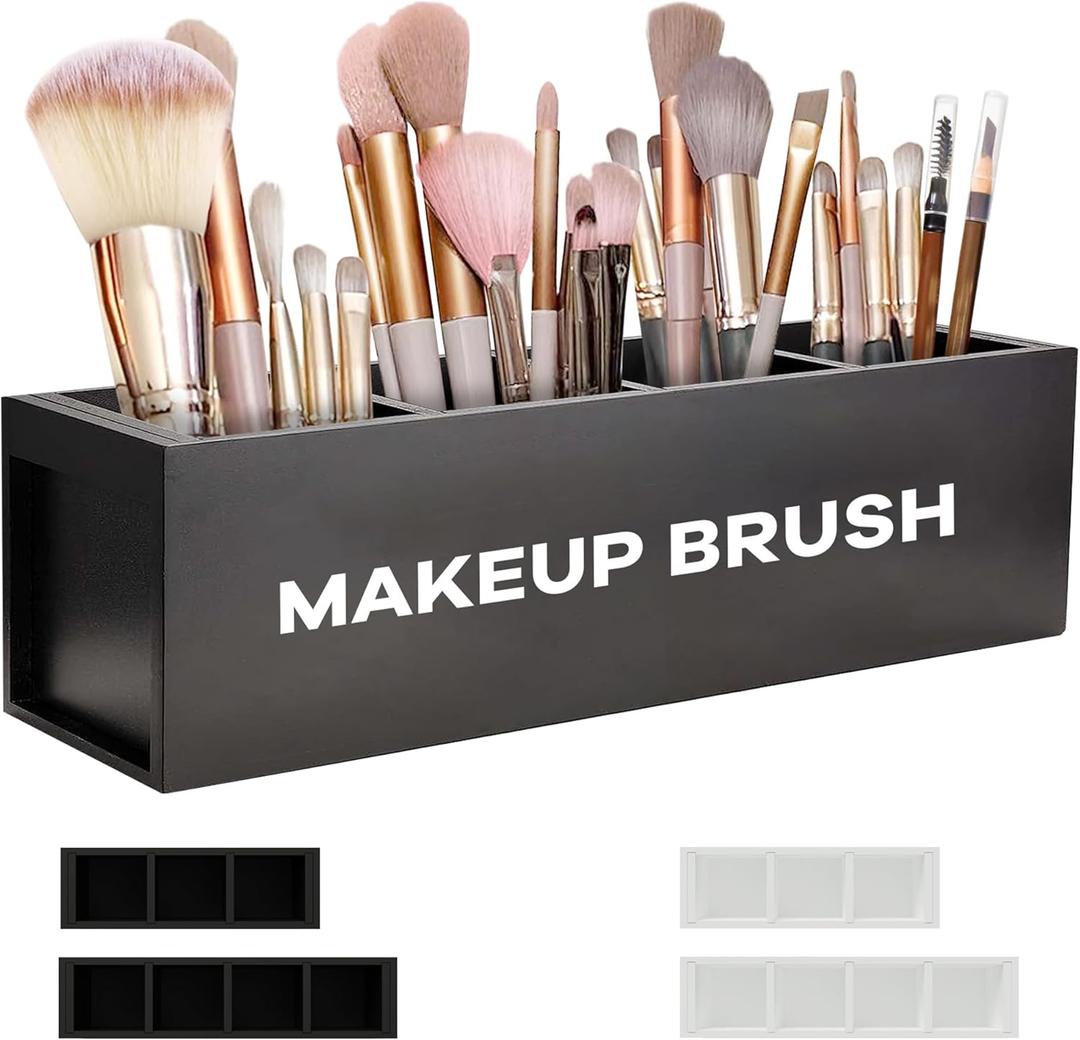 Suli Large Makeup Brush Holder Organizer, Wooden Cosmetic Brushes Storage with 4 Slots, Eyeliners Display Case for Vanity Desktop Bathroom Countertop -Black