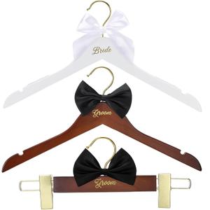 Beeveer 3 Pcs Bride and Groom Hangers for Dress Suit with Clips Wedding Wooden Hanger with Bow Tie for Mr and Mrs Shirt Tuxedo Suit Bridal Wedding Gift Bridesmaid Party Shower (Brown,white)