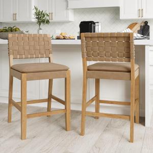 Nathan James Cohen Mid-Century Modern Leather Bar Stool, Counter Height Chair in Solid Wood Frame with Footrest and Woven Leather Back for Kitchen, Natural Brown, Set of 2 (Set of 2, Counter Height - Light Brown)