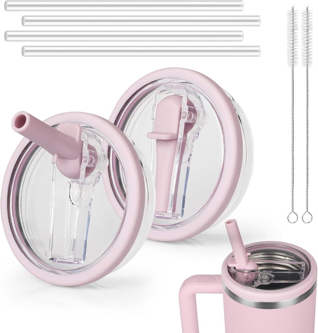 40oz Flip Straw Lid Replacement for Stanley Quencher H2.0 Tumbler, 2 Lilac Leak Proof Flip Lid & 4 Tritan Straws & 2 Straw Brush