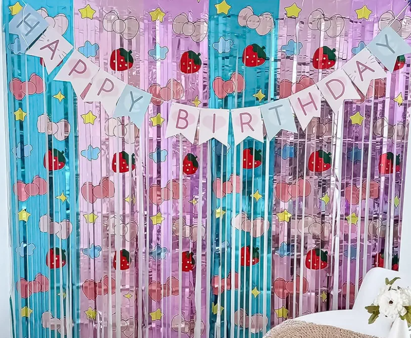 Pink Bow Birthday Decorations | 3.3x6.6ft Tinsel Fringe Backdrop with Banner 3 Pack Party Supplies for Girls Theme Party | Blue & Pink Foil Streamers, Pack of 3