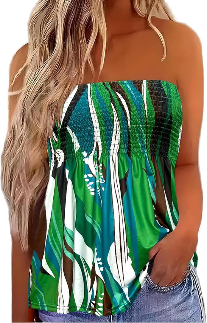 Womens Strapless Smocked Tube Top Soft Stretchy Pleated Bandeau Tank Sexy Sleeveless Loose Summer Camis Tunic Tops (Medium, #5 Tie-dye a)