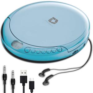 CD Player Portable with 60 Second Anti Skip, Stereo Earbuds, Includes Aux in Cable and AC USB Power Cable for use at Home or in Car. Blue