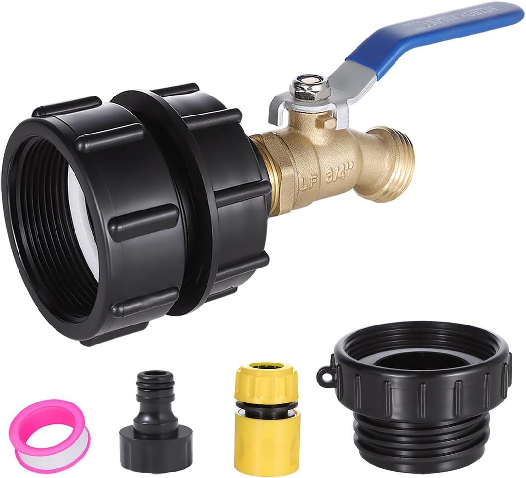 275-330 Gallon IBC Tote Water Tank Adapter with 3 Size Fittings, 2.44" Fine2" Fine and 2" Coarse Thread + Lead-Free Brass Faucet, IBC Tote to Garden Hose Adapter