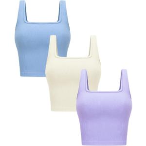 OLCHEE Womens 3 Pack Crop Tank Tops Basic Seamless Ribbed Sleeveless Square Neck Workout Top Summer Exercise Yoga Gym Shirts (Beige + Light Blue + Lavender) L