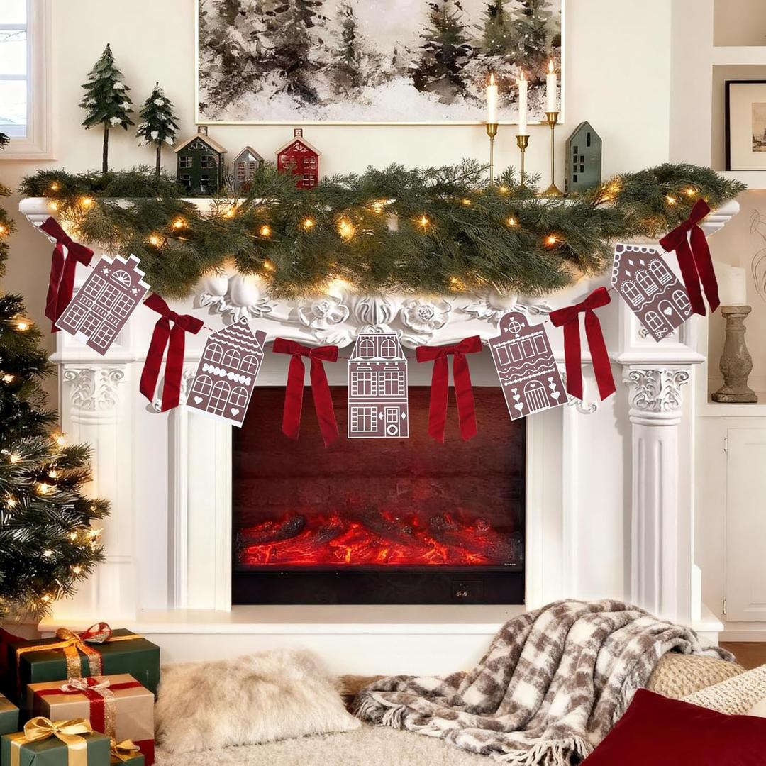Christmas Decorations, 8 Ft Red Velvet Bow Gingerbread House Garland Banner, Xmas Decor for Christmas Tree Mantel Fireplace Stairs Wall Shelf Door Window Frame Entrance Bedroom Home Indoor Decoration