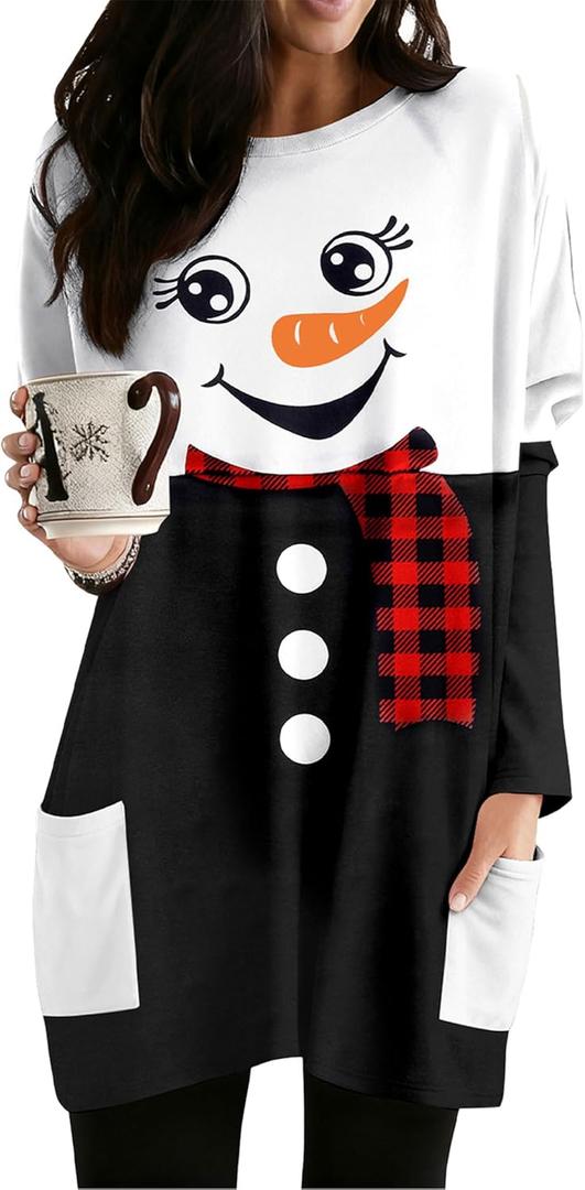 MOUSYA Women Dress Shirt Christmas Long Sleeve Tops Santa Printed Pullover Loose Plus Size T-Shirt Blouse with Pockets (White, S)